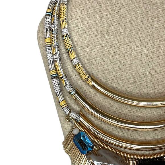 Vintage Multi Strand Gold Fringe and Beaded Statement Necklace - Picture 3 of 9